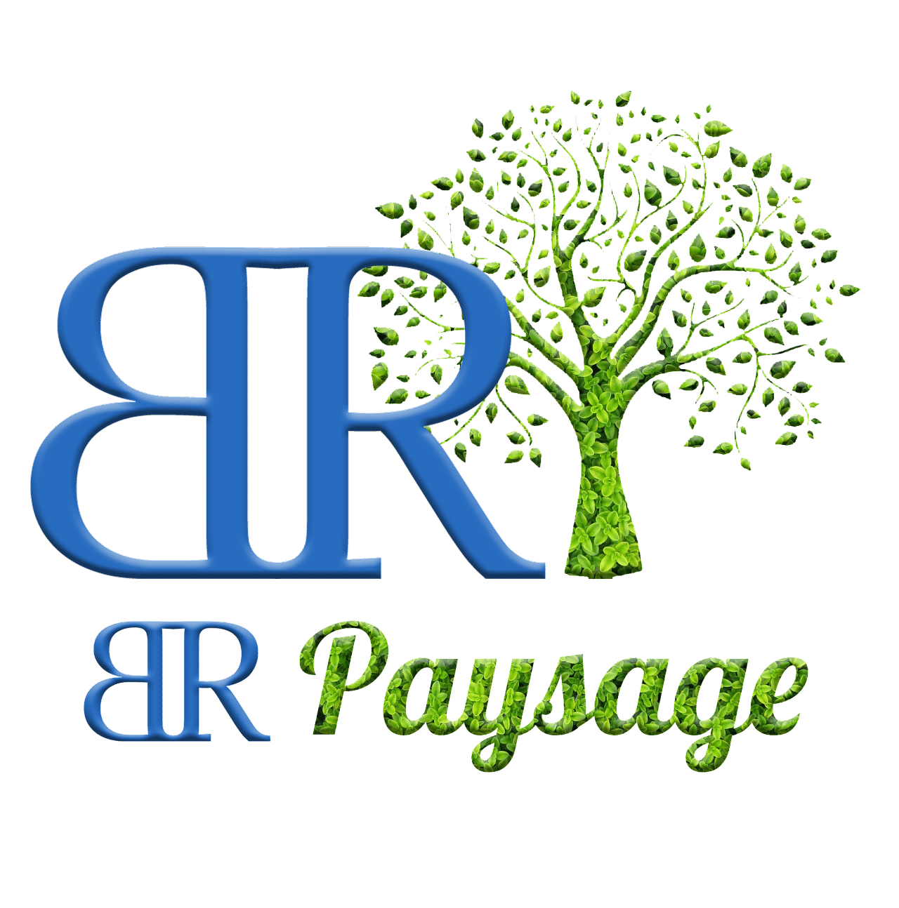 Logo de l'entrerise BR Paysage, composé d'un B inversé suivi d'un R, tous deux bleux et joint avec derrière eux un arbre vert fait de feuilles. En dessous se retrouvent le B inversé et le R Bleu suivi du mot paysage en vert, fait des mêmes feuilles que l'arbre